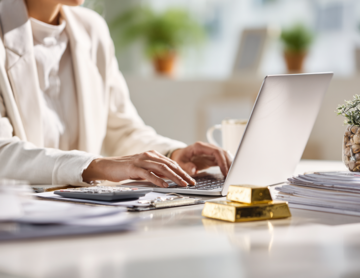 An SMSF professional working on a laptop, while gold bouillon sits on her desk.