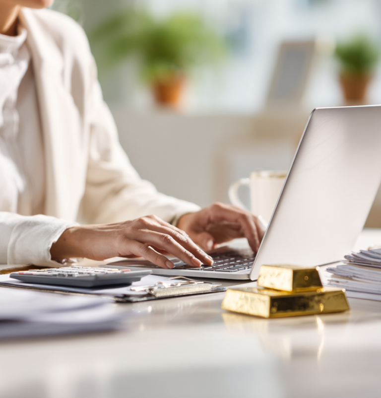 An SMSF professional working on a laptop, while gold bouillon sits on her desk.
